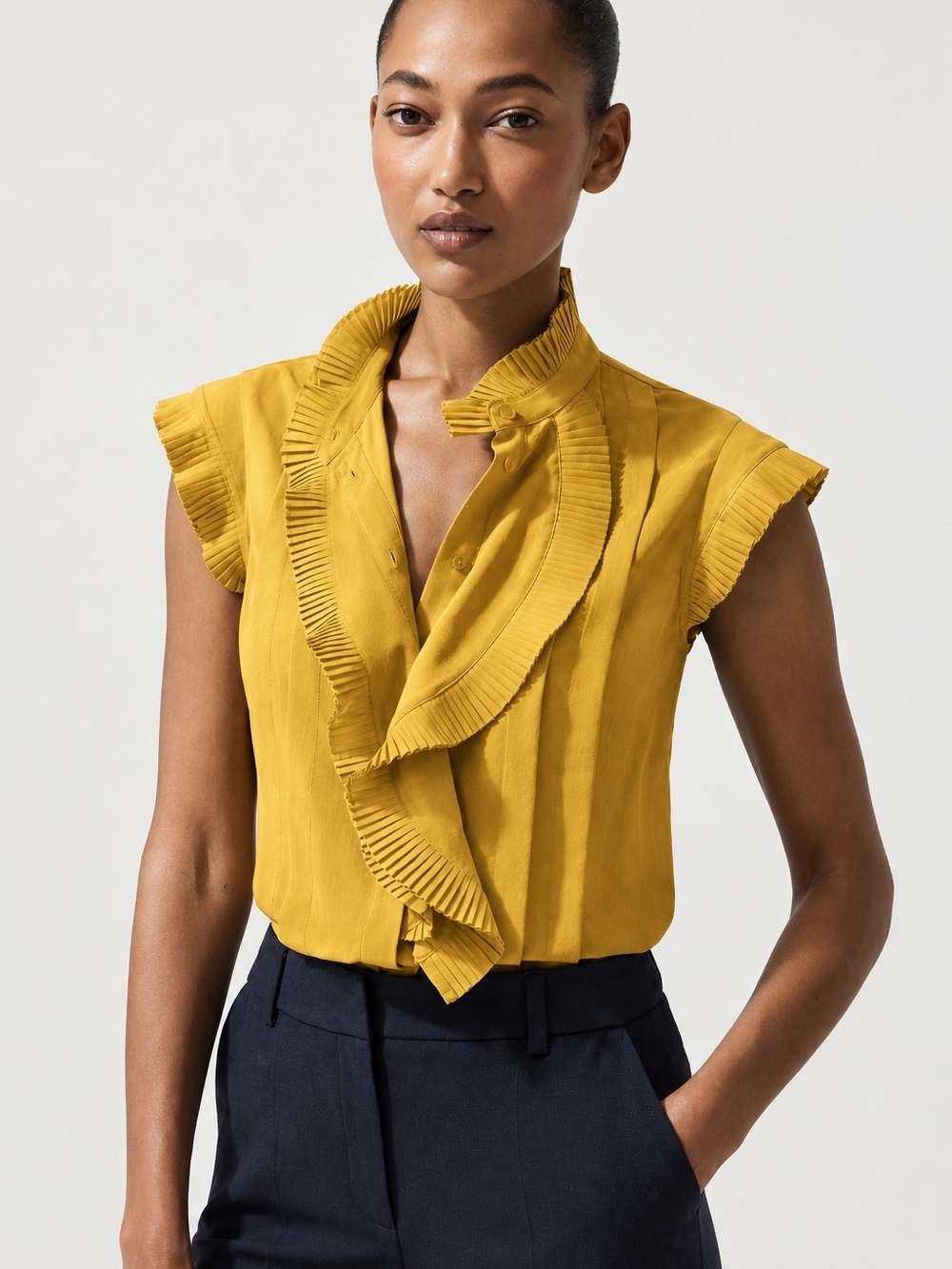 The Fold 100% Silk Mustard Pleated Ruffle V-Neck Blouse Size 10